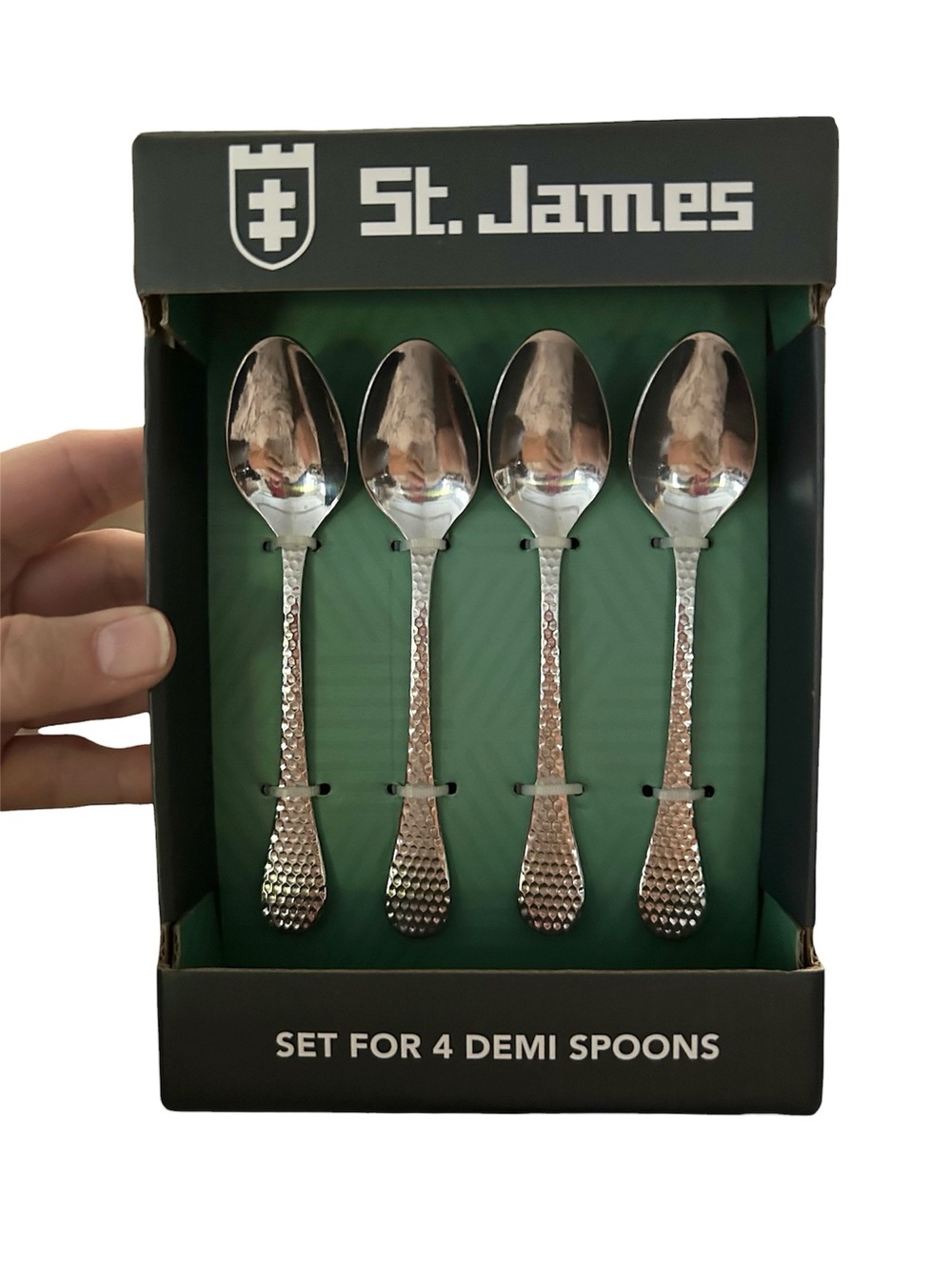 New in Box St. James Euro Hammered Demi Spoon Set of 4 - 18/10 Stainless Steel